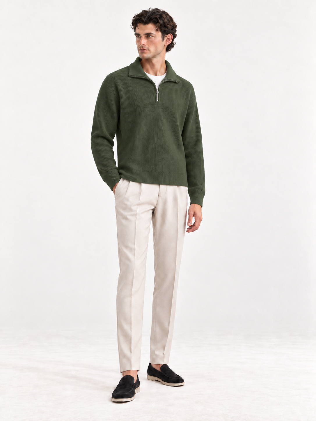 The Half-Zip Sweater — Army Green — 01-front — legacy collar-flat retained for rollback