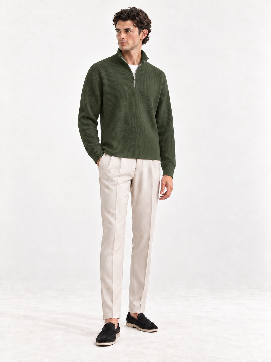 The Half-Zip Sweater — Army Green — 01-front — standing collar corrected v2 — studio 20260913