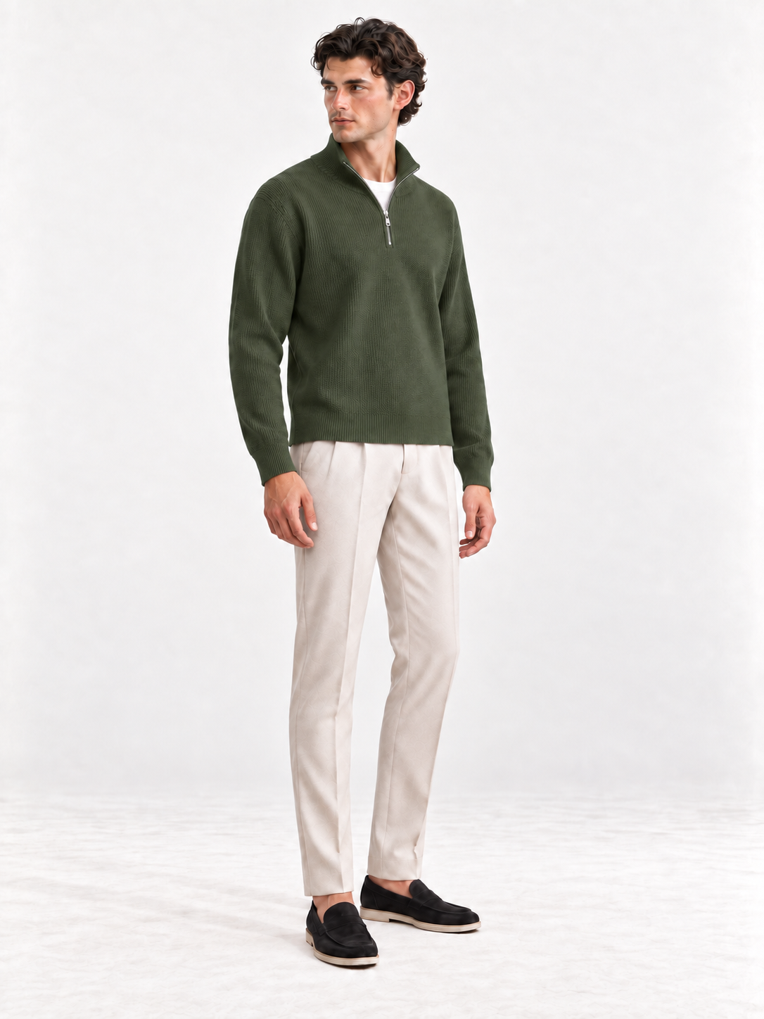 The Half-Zip Sweater — Army Green — 02-three-quarter — standing collar corrected v2 — studio 20260913