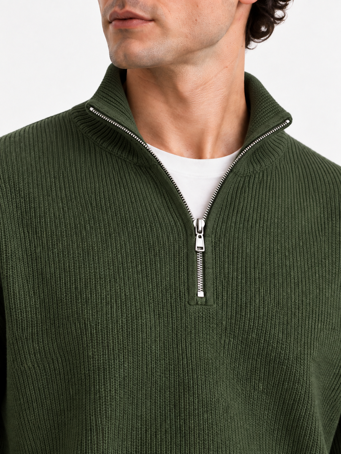 The Half-Zip Sweater — Army Green — 04-detail — standing collar corrected v2 — studio 20260913