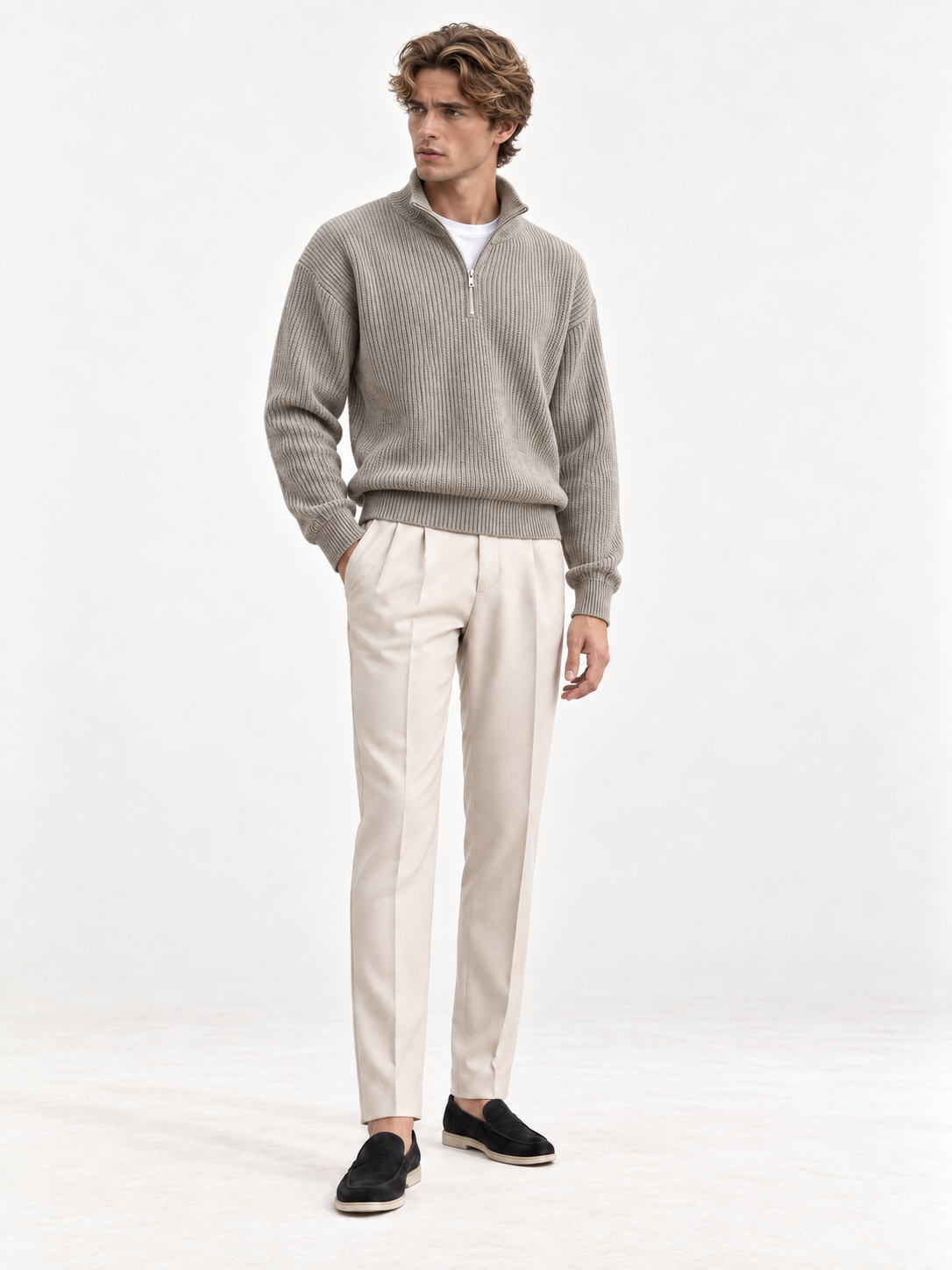 The Half-Zip Sweater — GREY — 01-front — studio 20260913