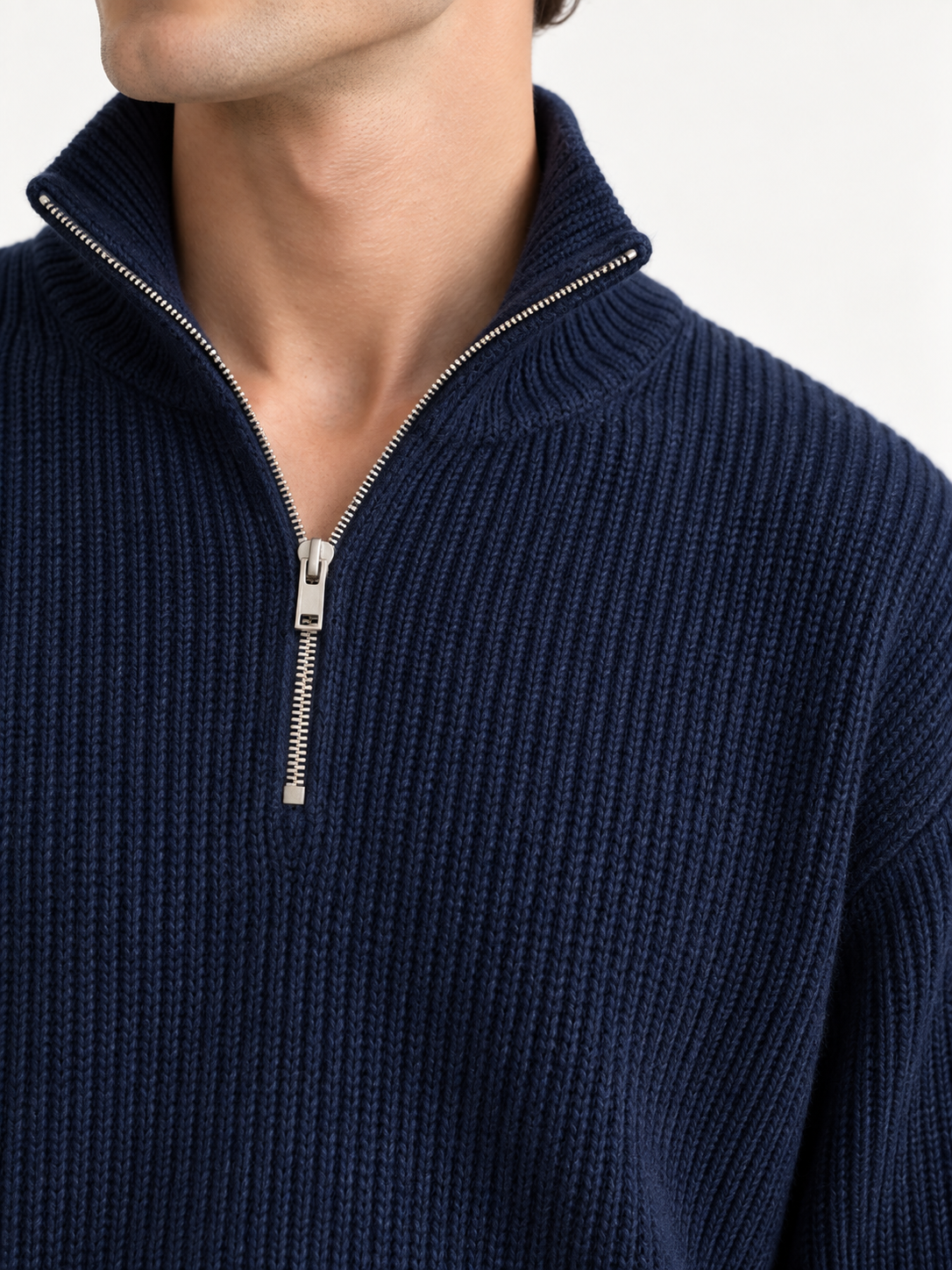 The Half-Zip Sweater — NAVY BLUE — 04-detail — studio 20260913