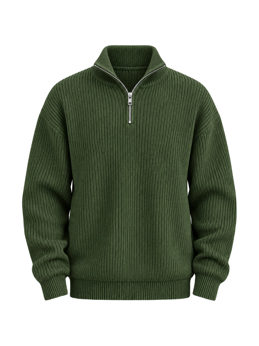half-zip-sweater — Army Green — transparent studio packshot hero 3:4 — zipper aligned — studio 20260913