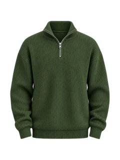 half-zip-sweater — Army Green — transparent studio packshot hero 3:4 — zipper aligned — studio 20260913