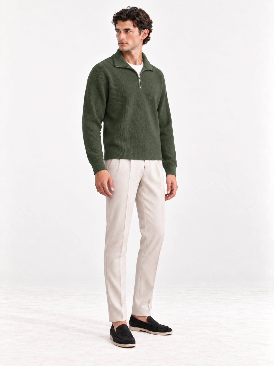 The Half-Zip Sweater — Army Green — 02-three-quarter — legacy collar-flat retained for rollback