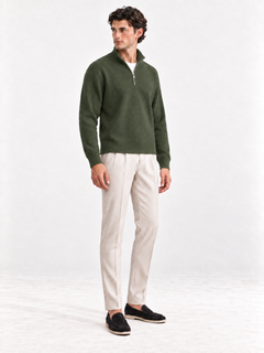 The Half-Zip Sweater — Army Green — 02-three-quarter — standing collar corrected v2 — studio 20260913