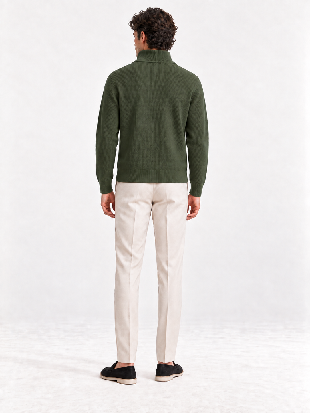 The Half-Zip Sweater — Army Green — 03-back — standing collar corrected v2 — studio 20260913