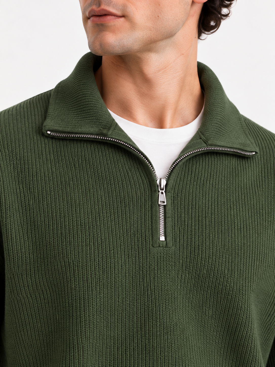 The Half-Zip Sweater — Army Green — 04-detail — legacy collar-flat retained for rollback