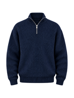 half-zip-sweater — NAVY BLUE — transparent studio packshot hero 3:4 — zipper corrected — studio 20260913
