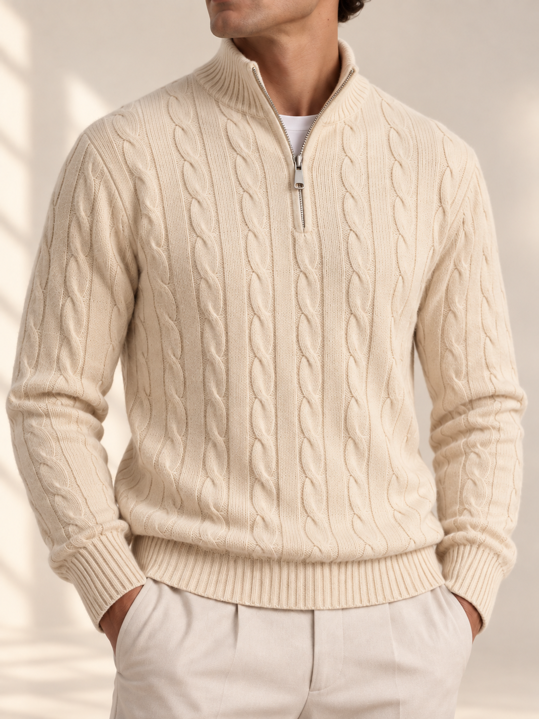 Jacquard Mock Neck Sweater — BEIGE — detail — studio