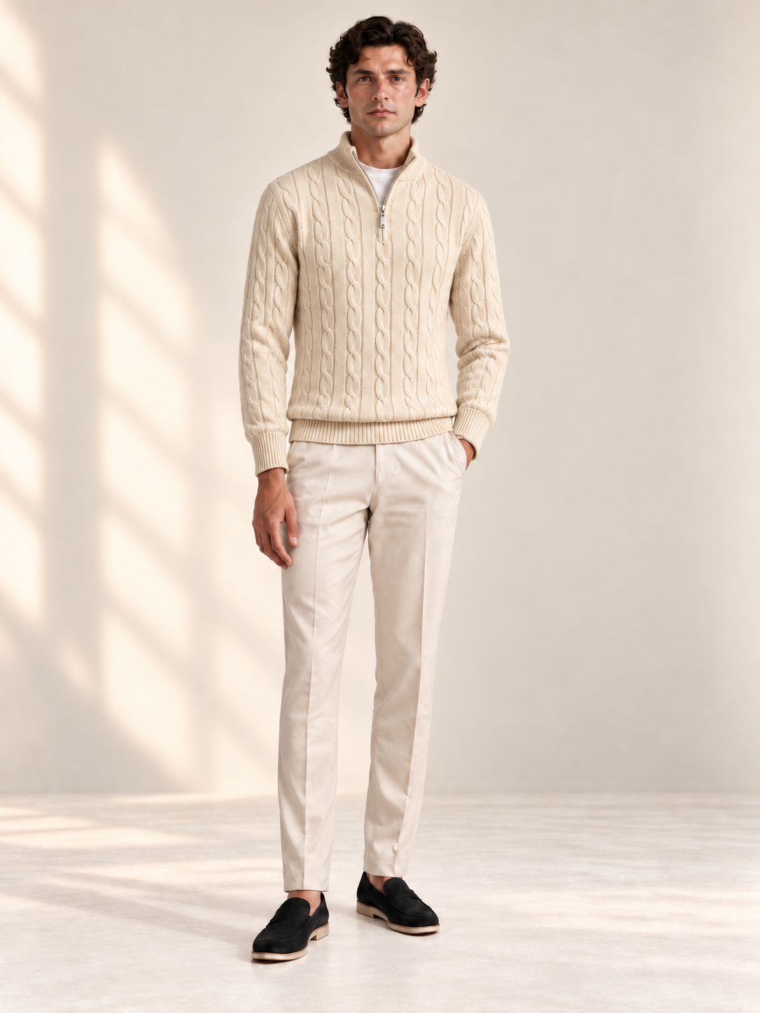 Jacquard Mock Neck Sweater — BEIGE — front — studio