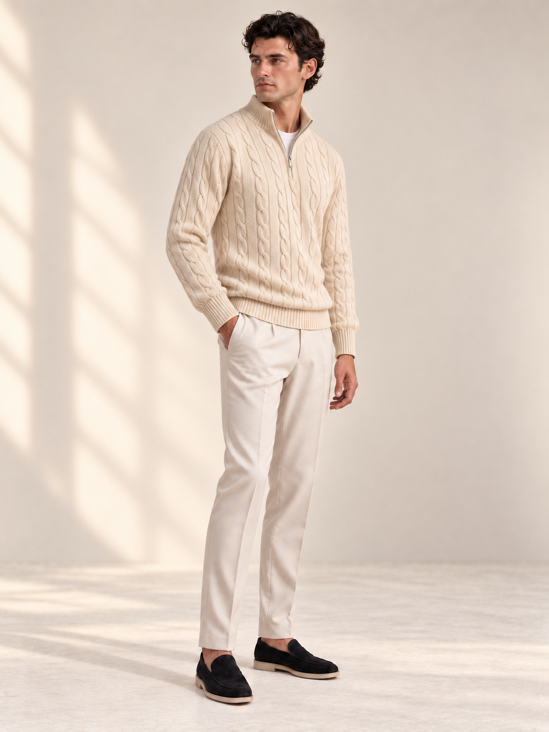Jacquard Mock Neck Sweater — BEIGE — three-quarter — studio