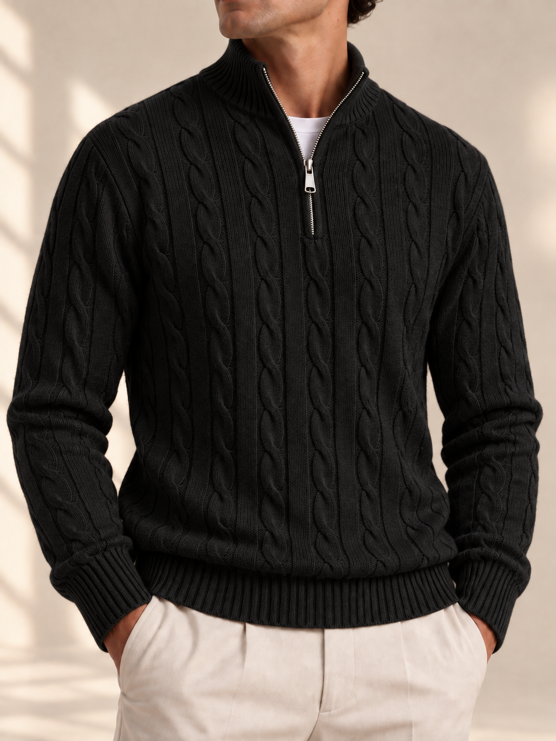 Jacquard Mock Neck Sweater — BLACK — detail — studio