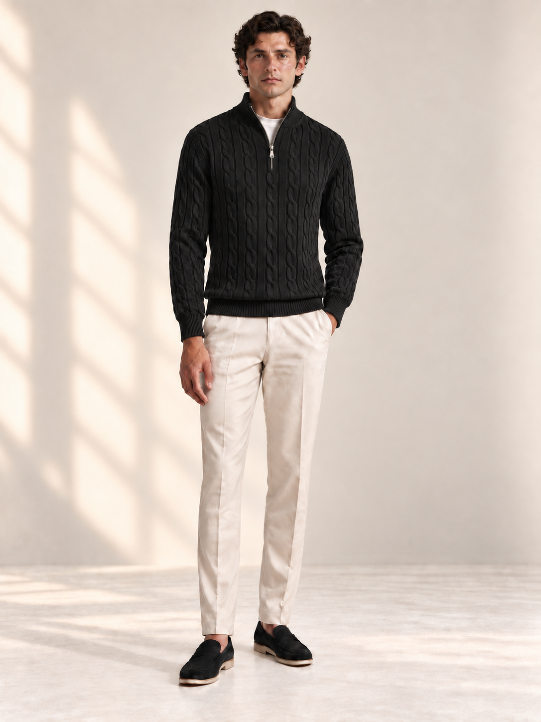 Jacquard Mock Neck Sweater — BLACK — front — studio