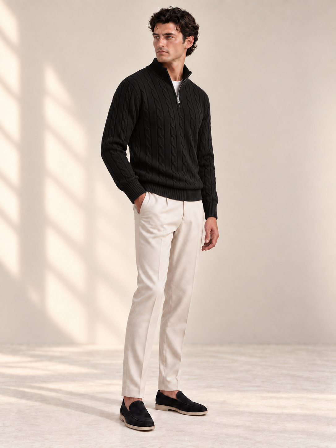 Jacquard Mock Neck Sweater — BLACK — three-quarter — studio
