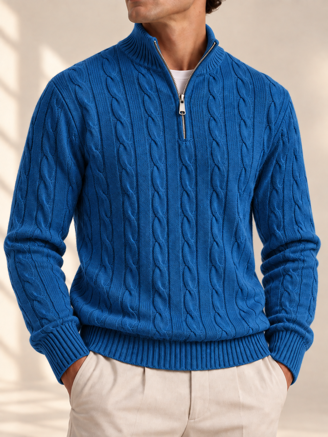 Jacquard Mock Neck Sweater — BLUE — detail — studio