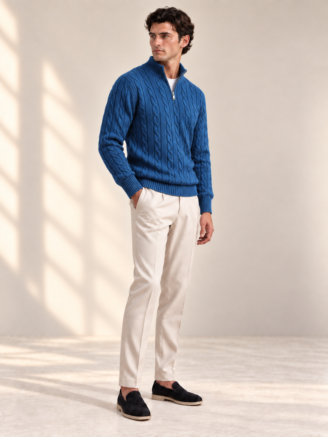 Jacquard Mock Neck Sweater — BLUE — three-quarter — studio