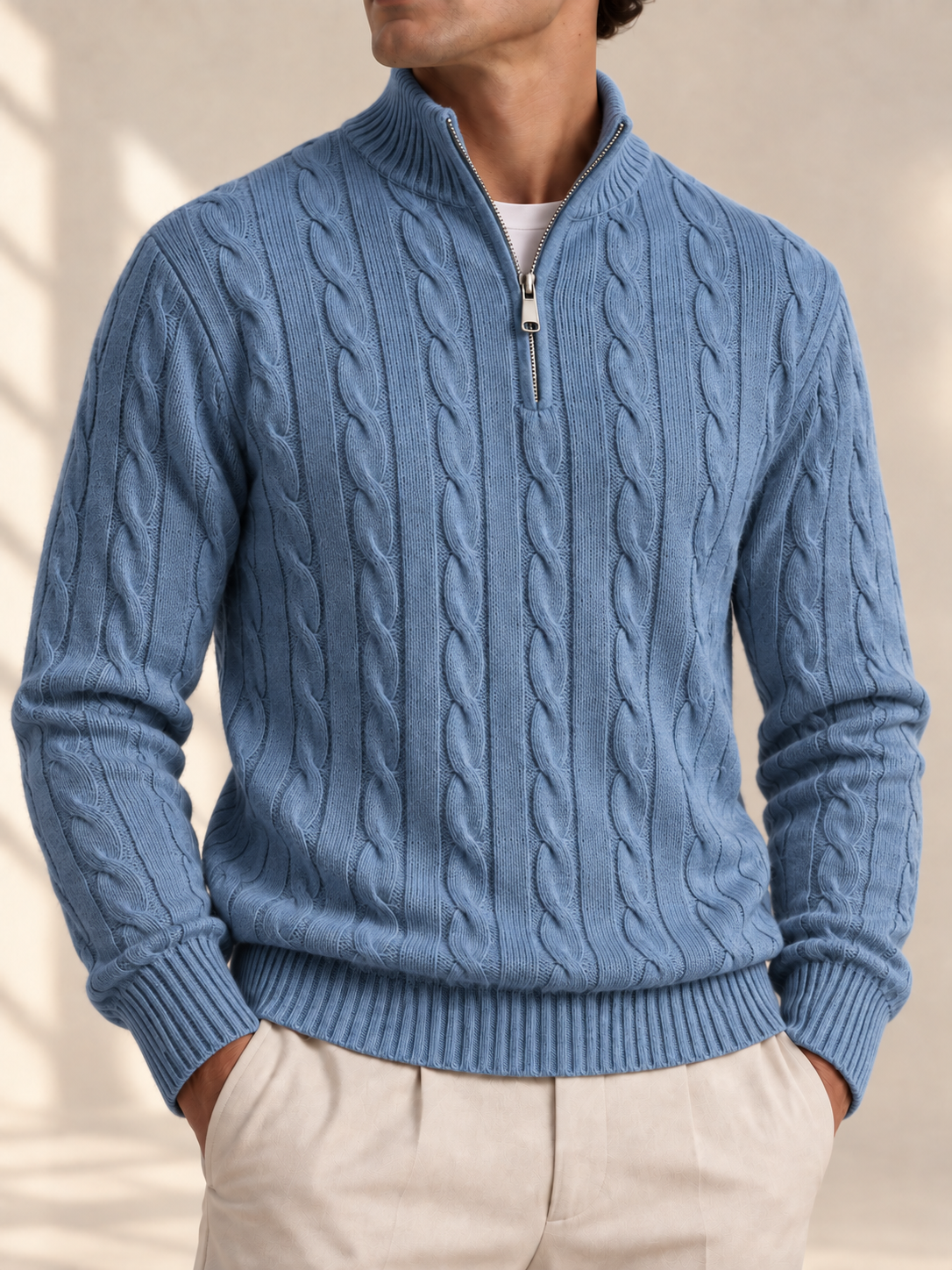 Jacquard Mock Neck Sweater — DENIM BLUE — detail — studio