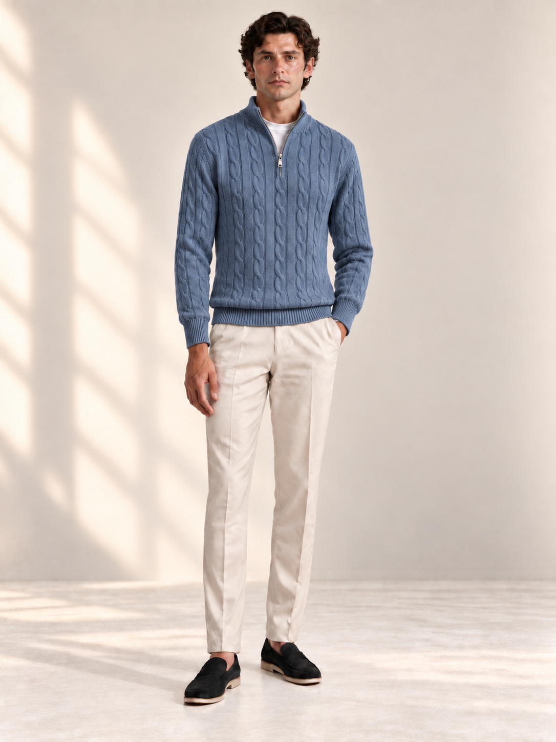 Jacquard Mock Neck Sweater — DENIM BLUE — front — studio
