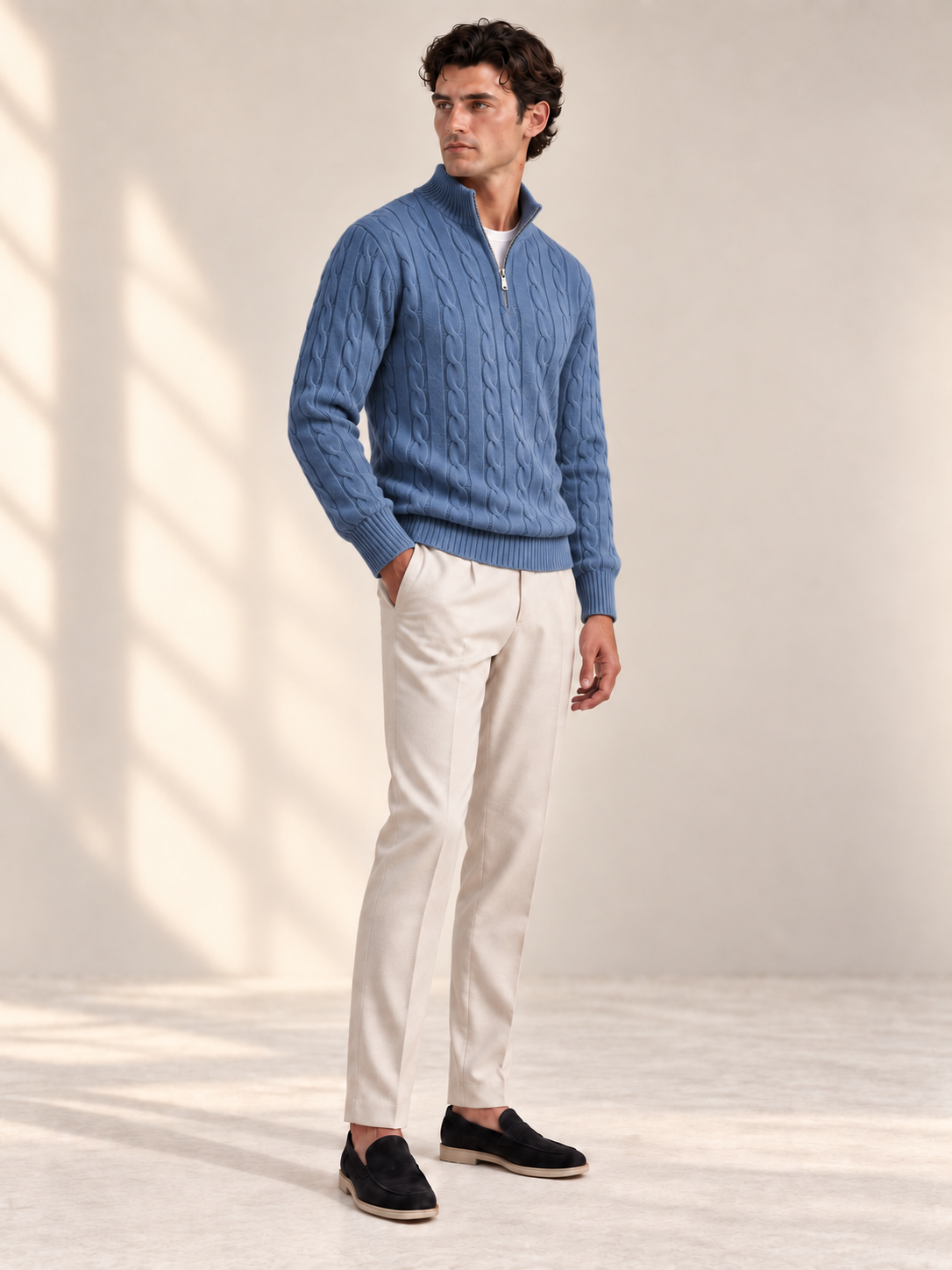 Jacquard Mock Neck Sweater — DENIM BLUE — three-quarter — studio