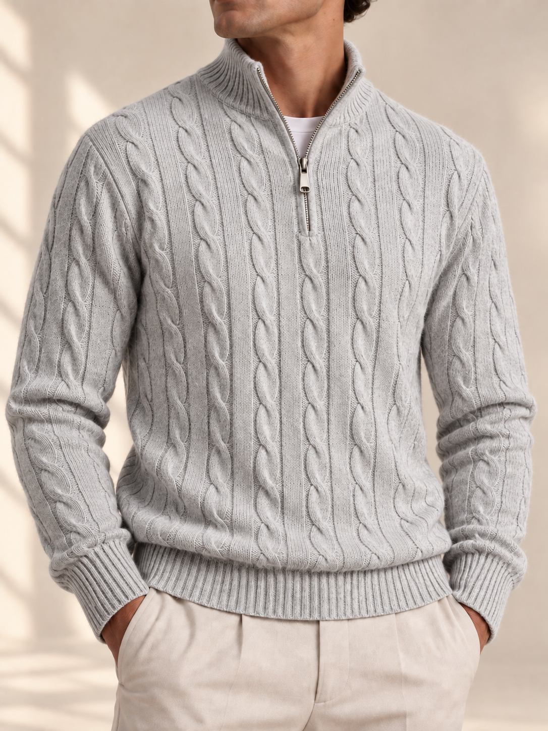 Jacquard Mock Neck Sweater — LIGHT GREY — detail — studio