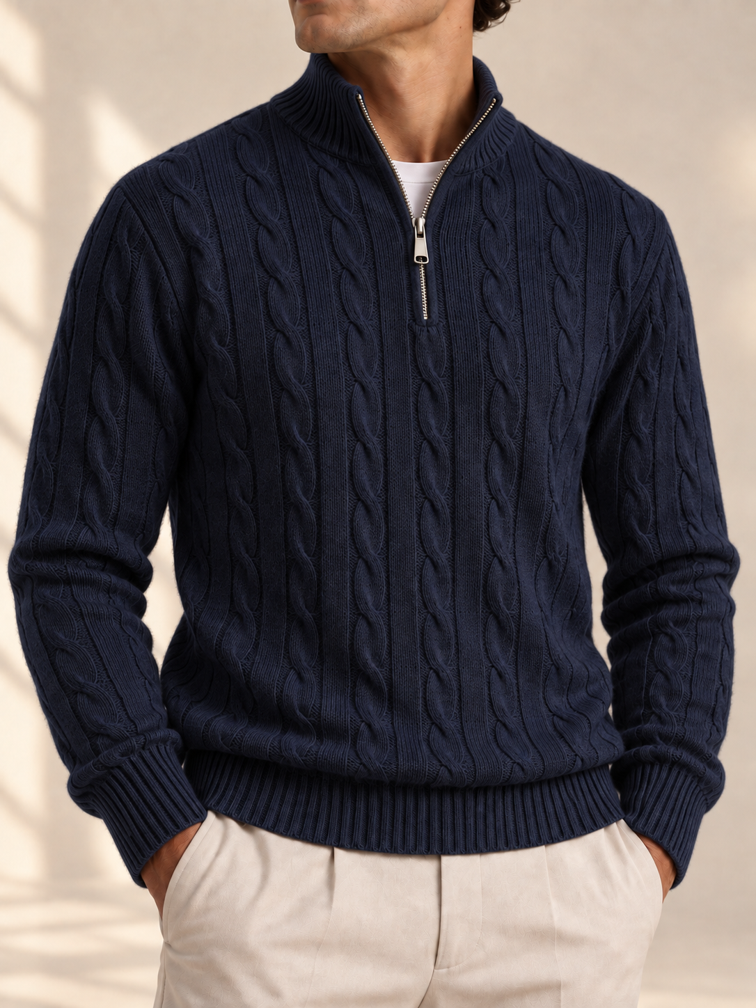 Jacquard Mock Neck Sweater — NAVY BLUE — detail — studio