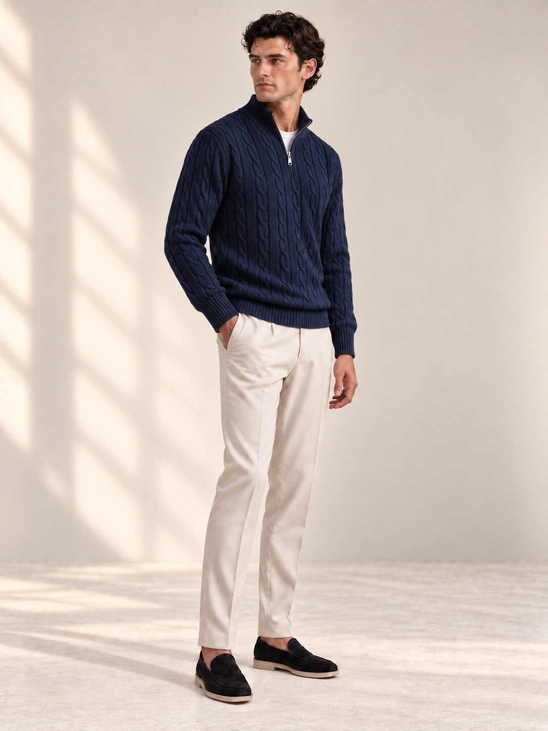 Jacquard Mock Neck Sweater — NAVY BLUE — three-quarter — studio