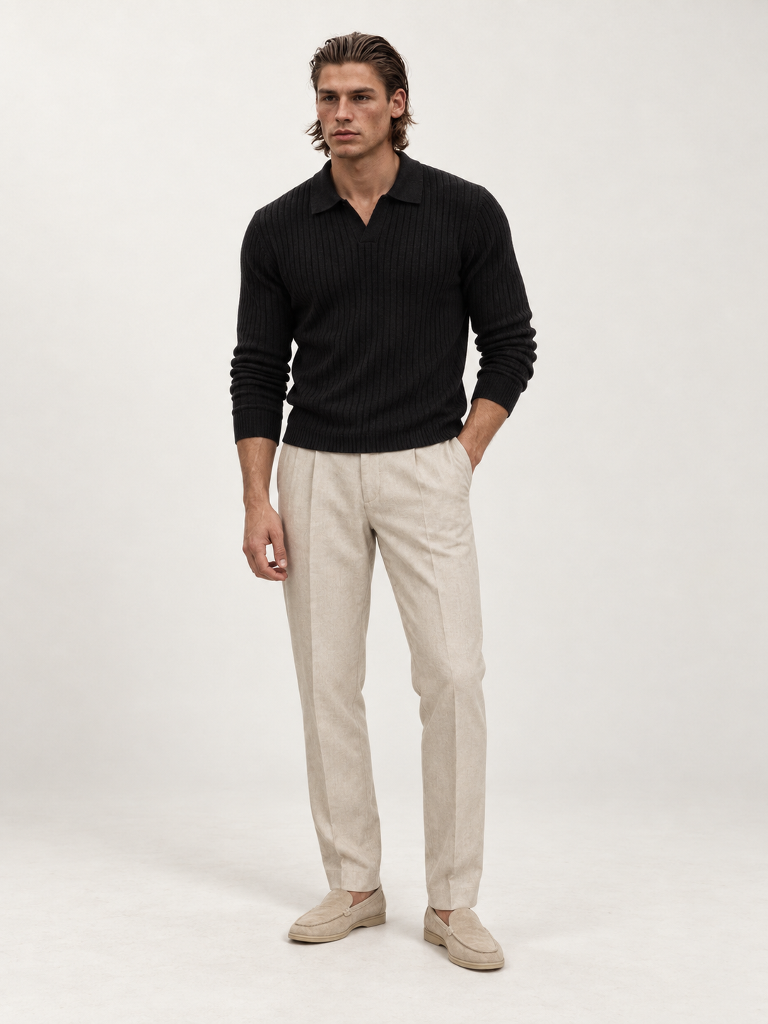 The Long Sleeve V Collar Polo — BLACK — 01-front — studio 20260913