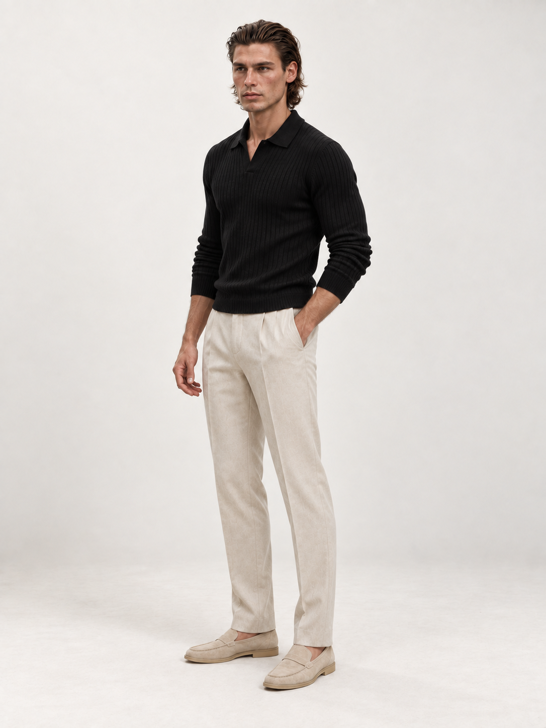 The Long Sleeve V Collar Polo — BLACK — 02-three-quarter — studio 20260914 direction corrected