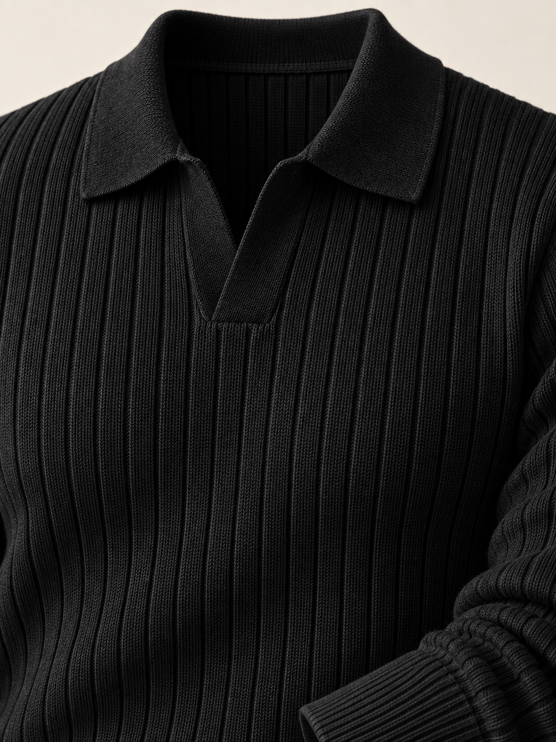 The Long Sleeve V Collar Polo — BLACK — 04-detail-macro-v2 — studio 20260914 direction corrected