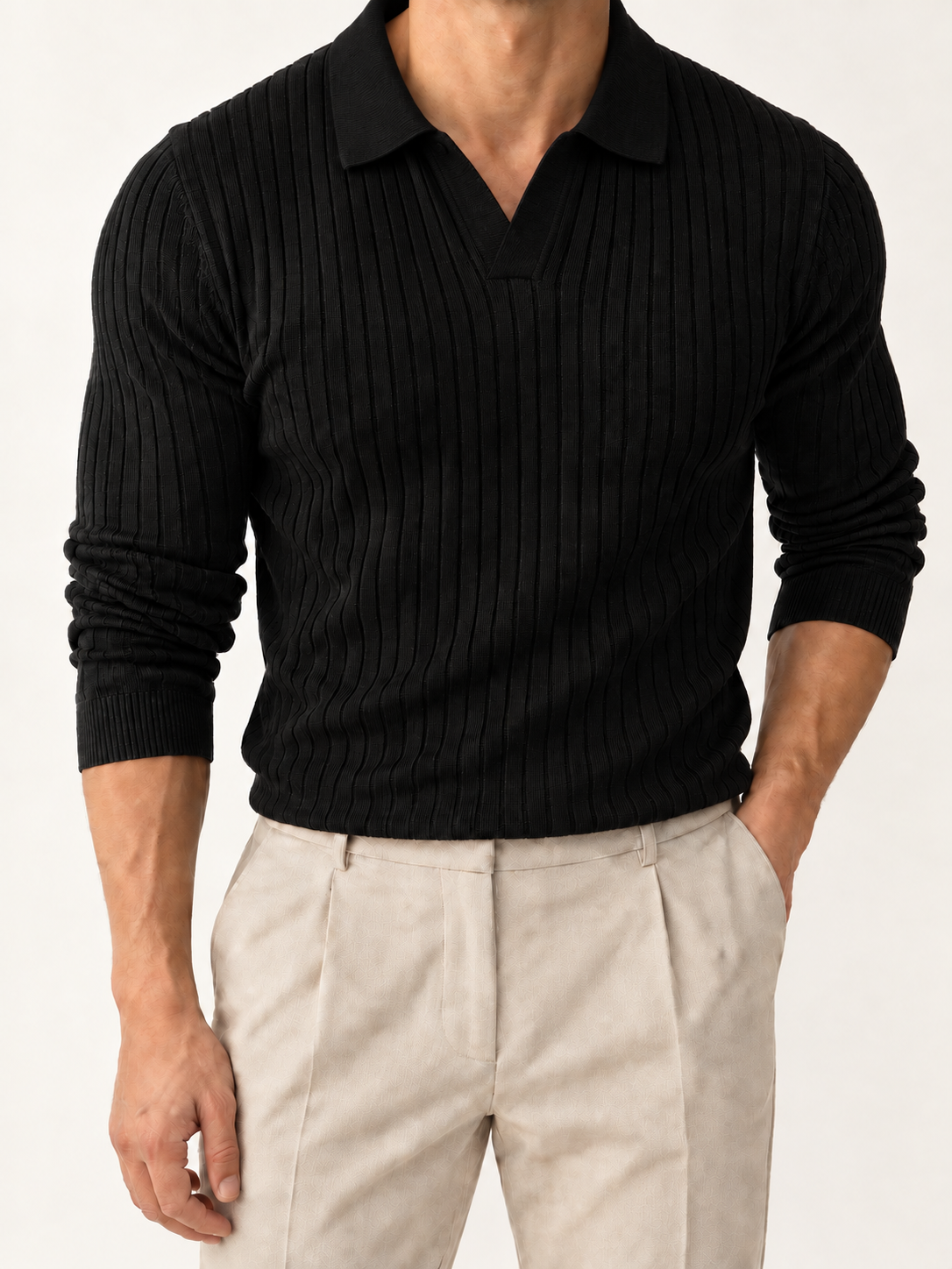 The Long Sleeve V Collar Polo — BLACK — 05-detail-torso — studio 20260914 clean replacement no belt collar corrected