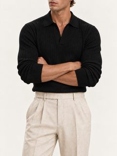 The Long Sleeve V Collar Polo — BLACK — 06-arms-crossed — studio 20260914 clean replacement
