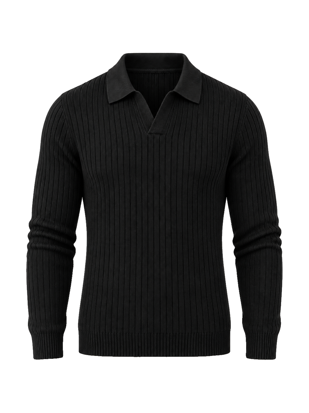 The Long Sleeve V Collar Polo — BLACK — transparent studio packshot hero 3:4 — edge-refined detourage — silhouette corrected to model fit — Half-Zip framing aligned — studio 20260914