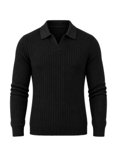 The Long Sleeve V Collar Polo — BLACK — transparent studio packshot hero 3:4 — edge-refined detourage — silhouette corrected to model fit — Half-Zip framing aligned — studio 20260914