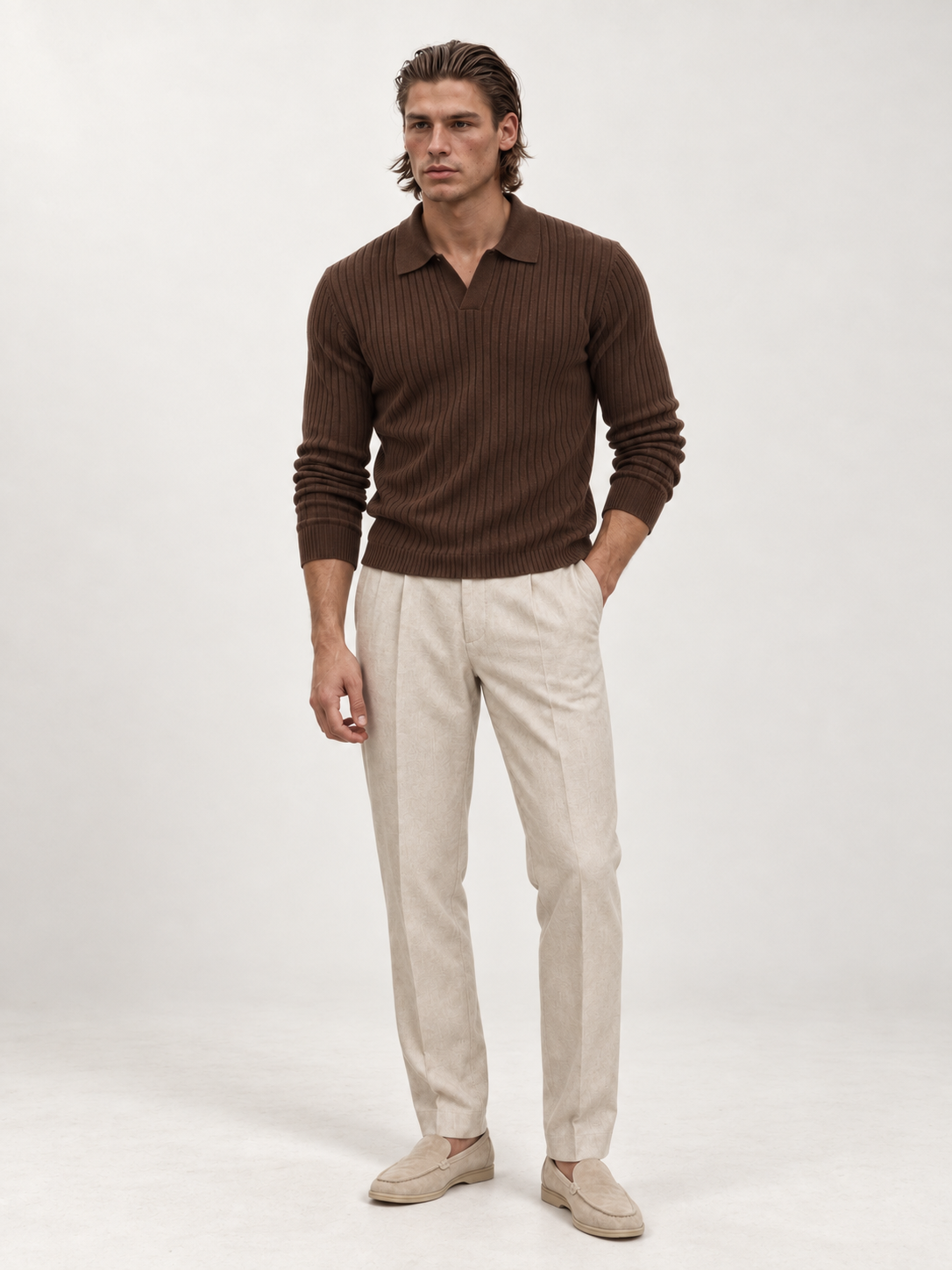The Long Sleeve V Collar Polo — BROWN — 01-front — studio 20260913