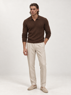 The Long Sleeve V Collar Polo — BROWN — 01-front — studio 20260913