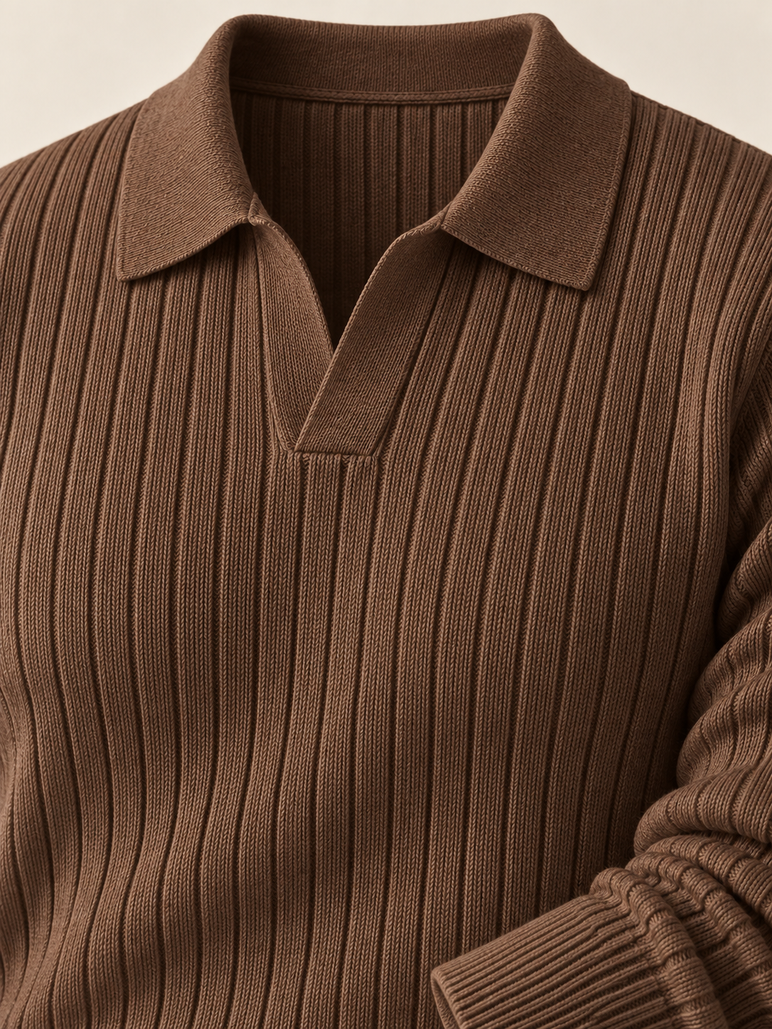 The Long Sleeve V Collar Polo — BROWN — 04-detail-macro-v2 — studio 20260914 direction corrected