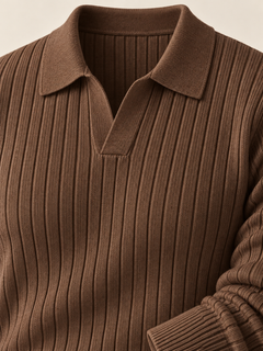 The Long Sleeve V Collar Polo — BROWN — 04-detail-macro-v2 — studio 20260914 direction corrected