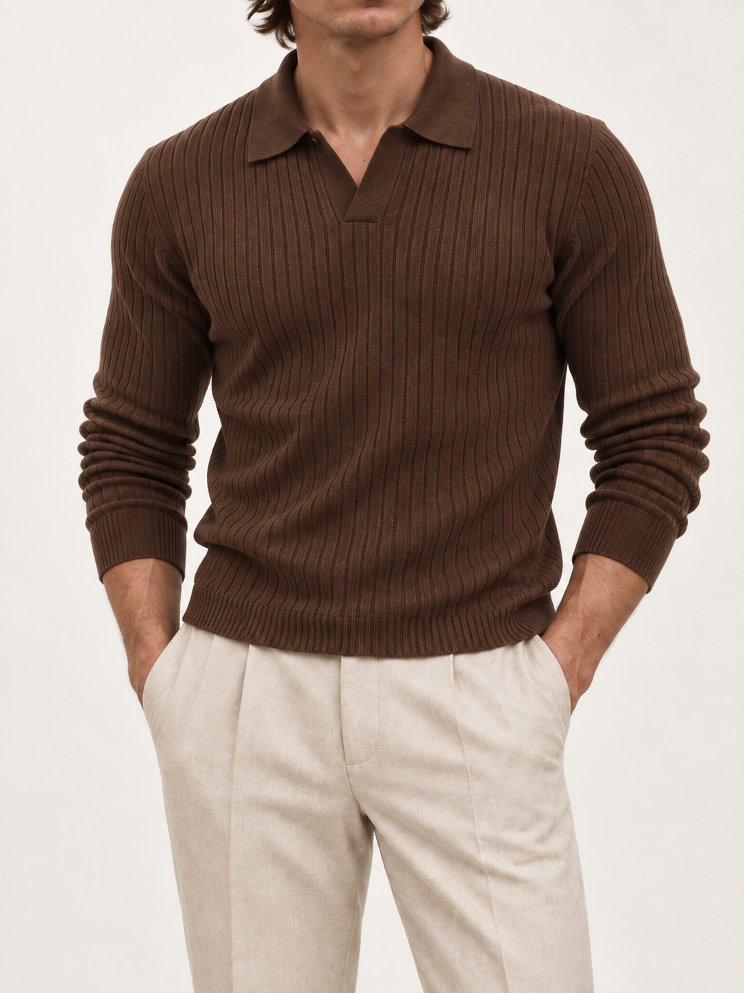The Long Sleeve V Collar Polo — BROWN — 05-detail-torso — studio 20260914 clean replacement