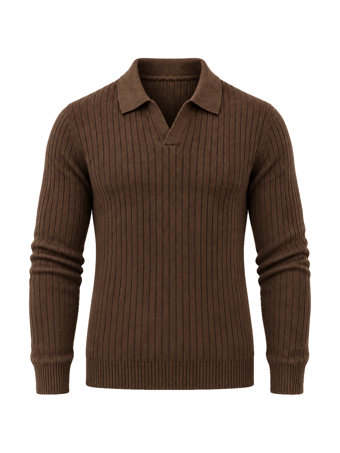 The Long Sleeve V Collar Polo — BROWN — transparent studio packshot hero 3:4 — edge-refined detourage — silhouette corrected to model fit — Half-Zip framing aligned — studio 20260914