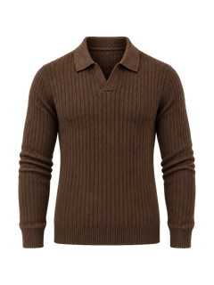 The Long Sleeve V Collar Polo — BROWN — transparent studio packshot hero 3:4 — edge-refined detourage — silhouette corrected to model fit — Half-Zip framing aligned — studio 20260914