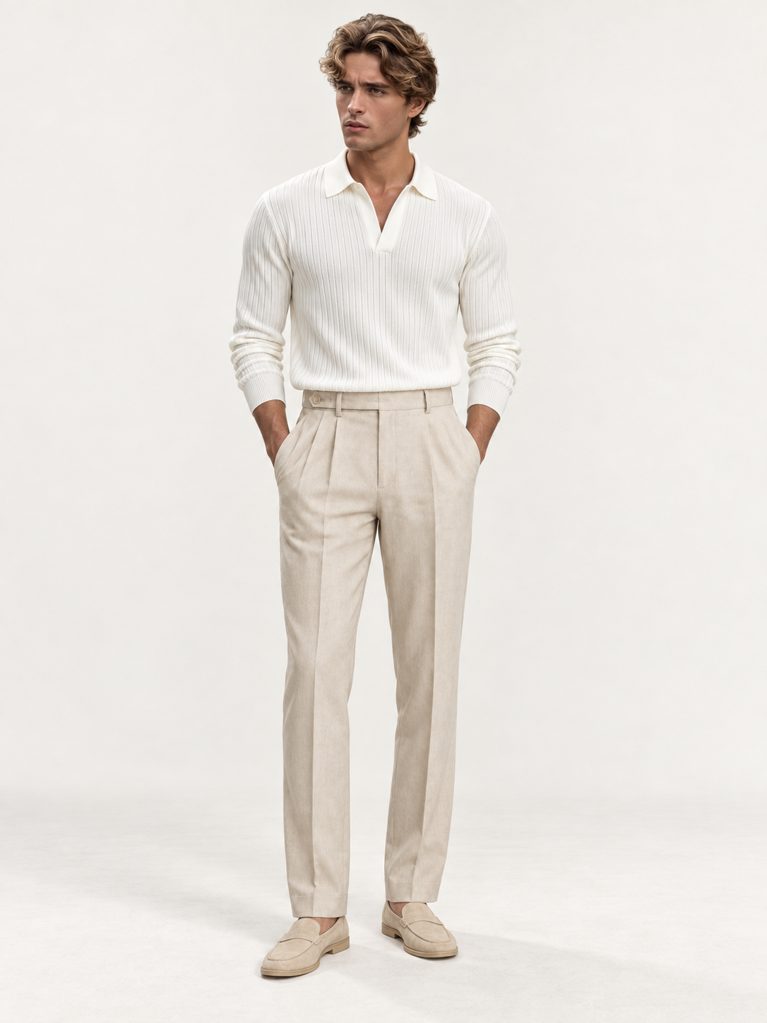 The Long Sleeve V Collar Polo — WHITE — 01-front — studio 20260913