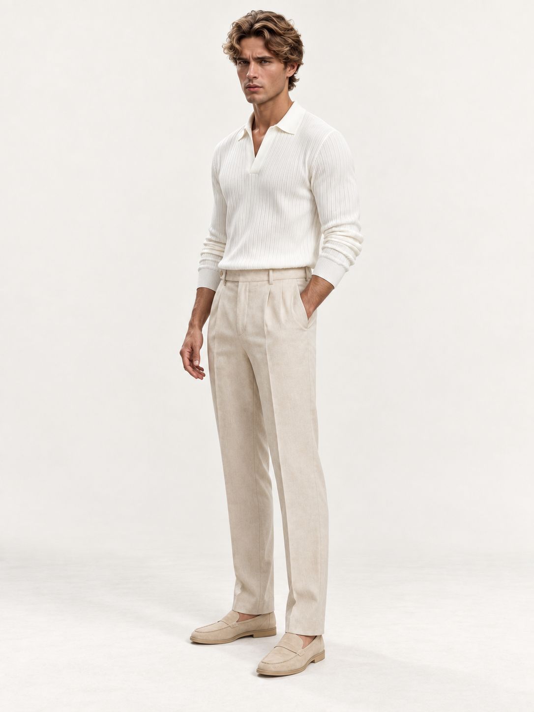 The Long Sleeve V Collar Polo — WHITE — 02-three-quarter — studio 20260913