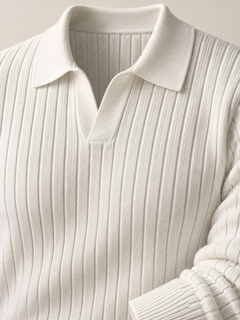 The Long Sleeve V Collar Polo — WHITE — 04-detail-macro — studio 20260914