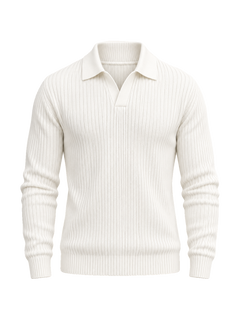 The Long Sleeve V Collar Polo — WHITE — transparent studio packshot hero 3:4 — edge-refined detourage — silhouette corrected to model fit — Half-Zip framing aligned — studio 20260914