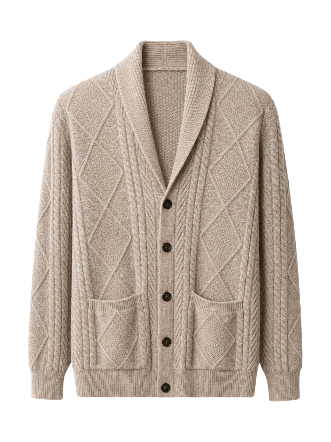 OLD MONEY Merino Wool Cardigan — CAMEL studio packshot hero 3:4 transparent 20260912