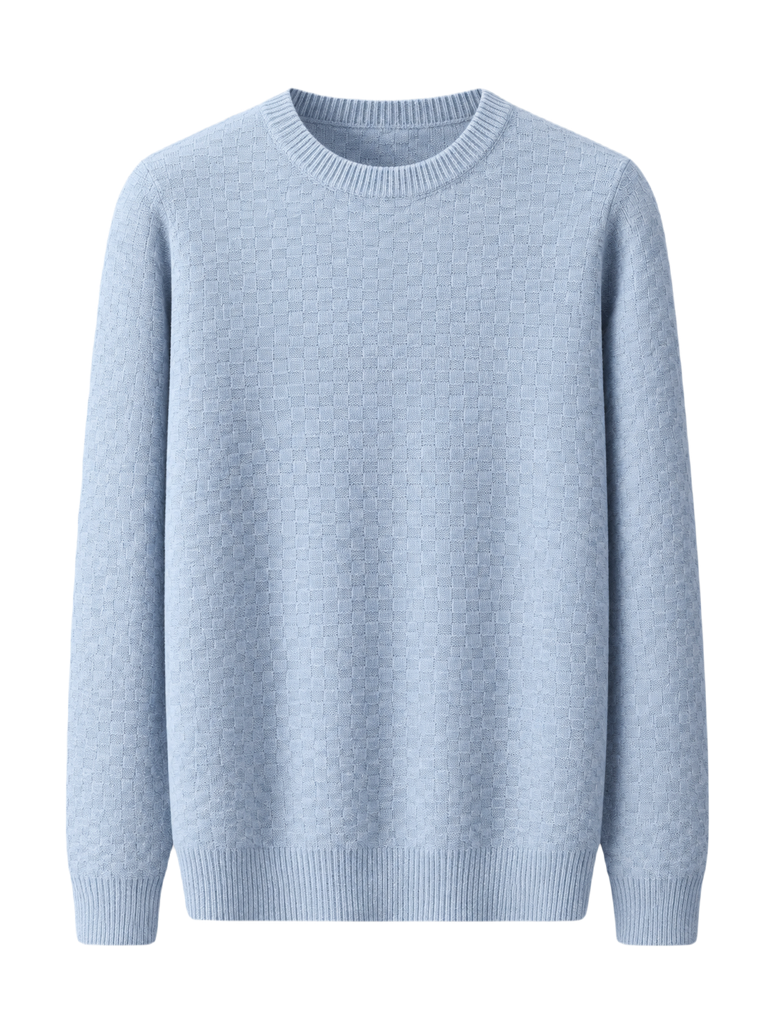 OLD MONEY Merino Wool Checkered Sweater — LIGHT BLUE studio packshot hero 3:4 transparent 20260912
