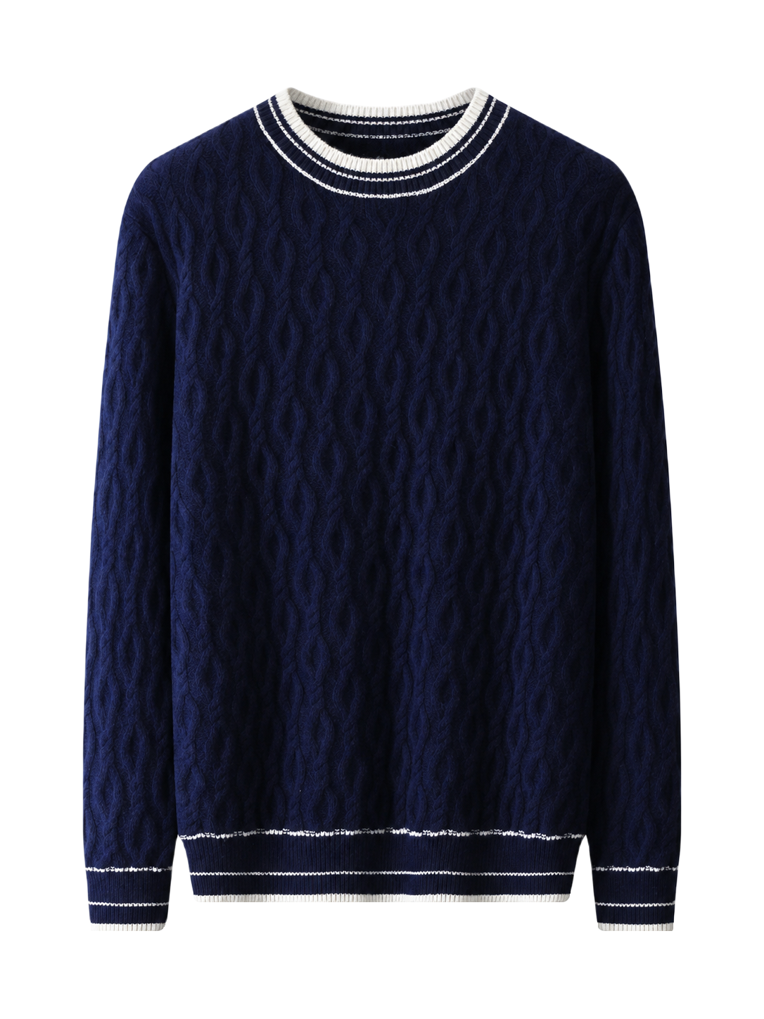 OLD MONEY Merino Wool Round Neck Knitted Sweater — NAVY BLUE studio packshot hero 3:4 transparent 20260912
