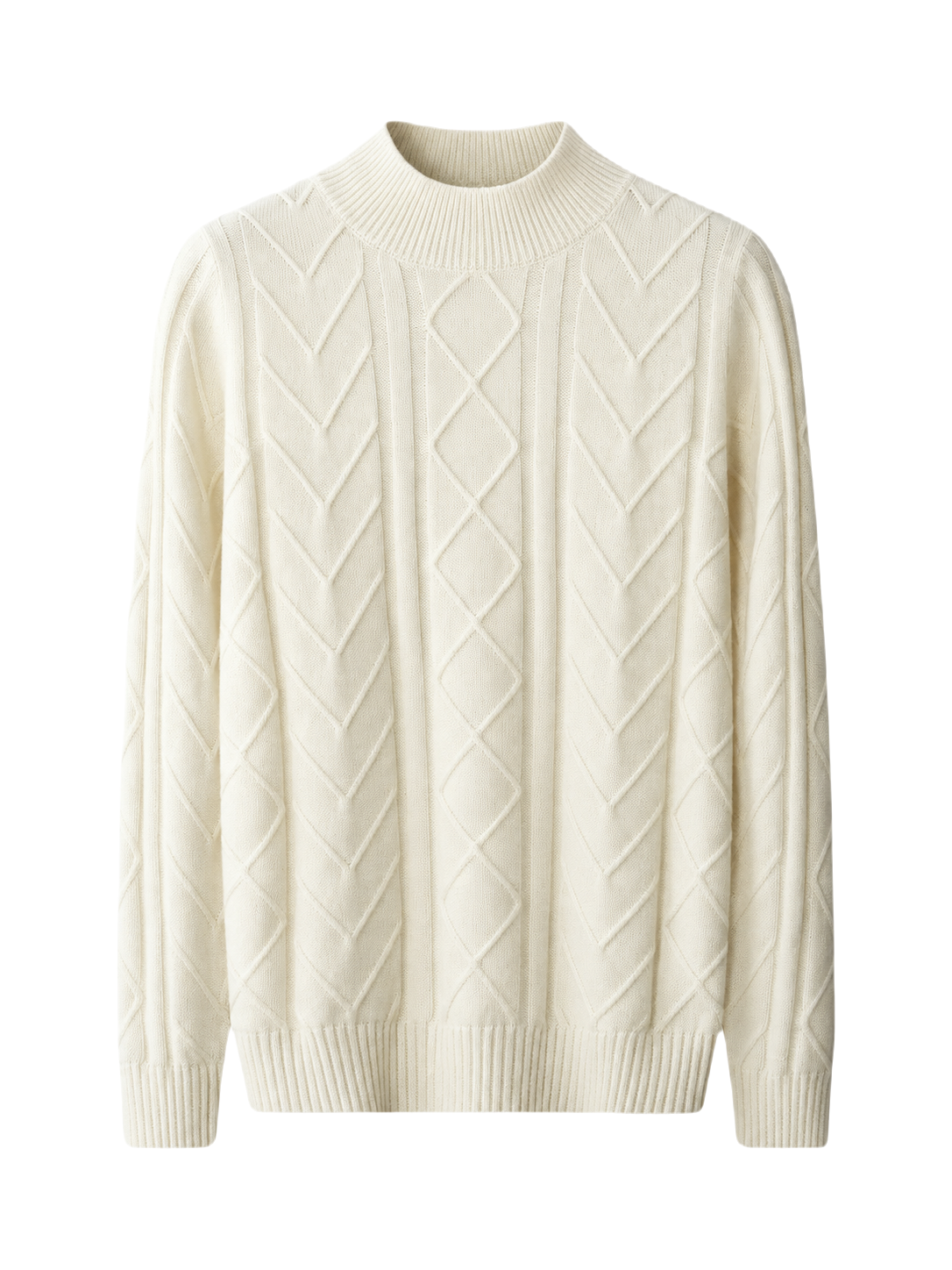 OLD MONEY Merino Wool Tressed Sweater — WHITE studio packshot hero 3:4 transparent 20260912