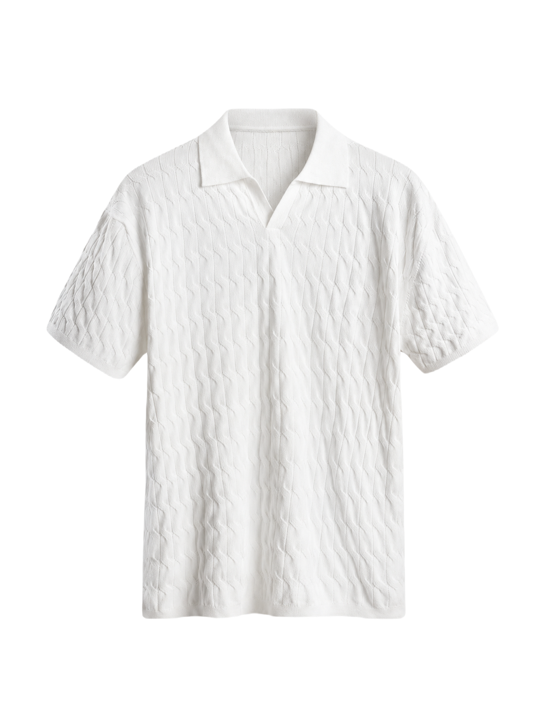 OLD MONEY Textured Polo — WHITE studio packshot hero 3:4 transparent 20260912